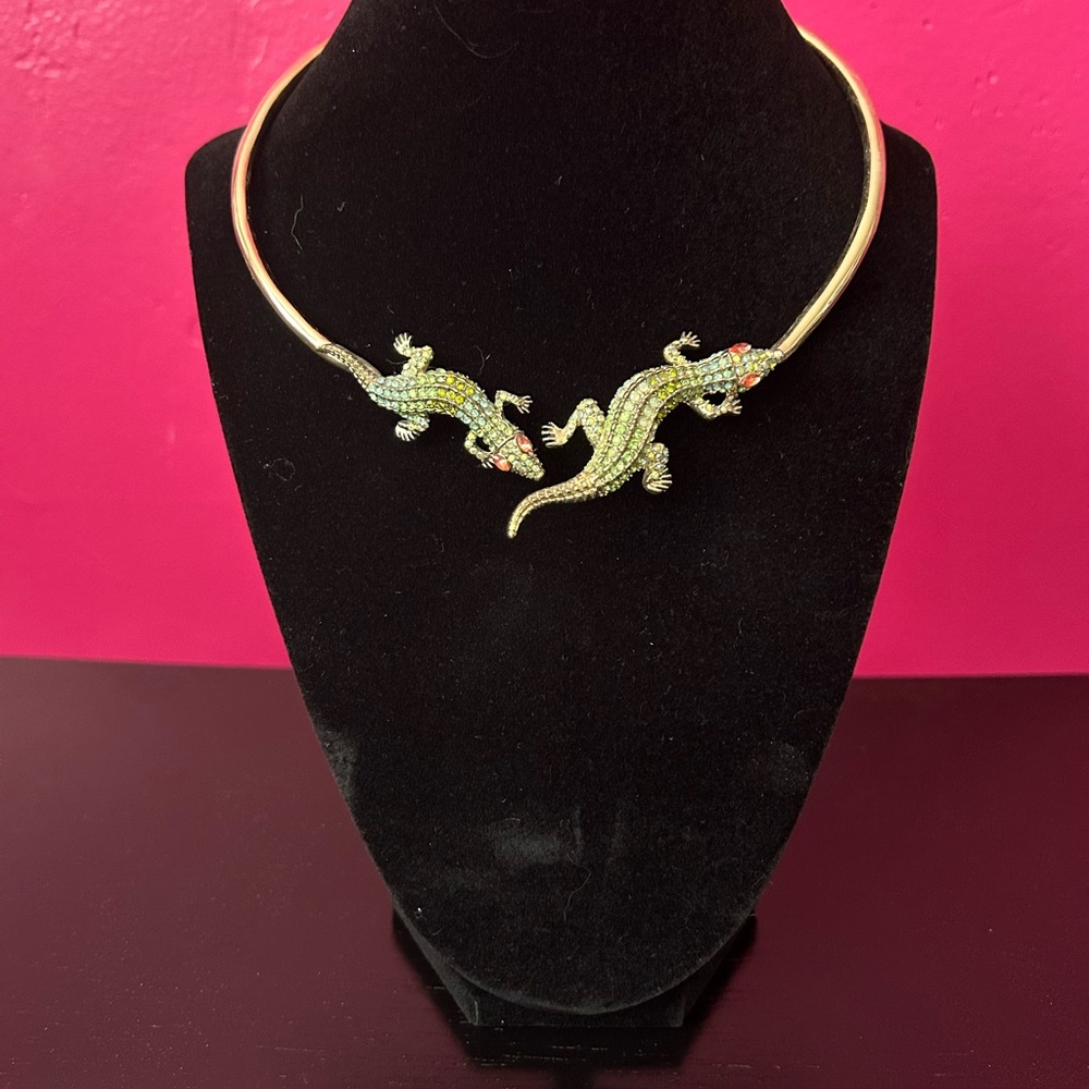 Betsey Johnson Gold Necklace with Green and Pink Alligator Accents